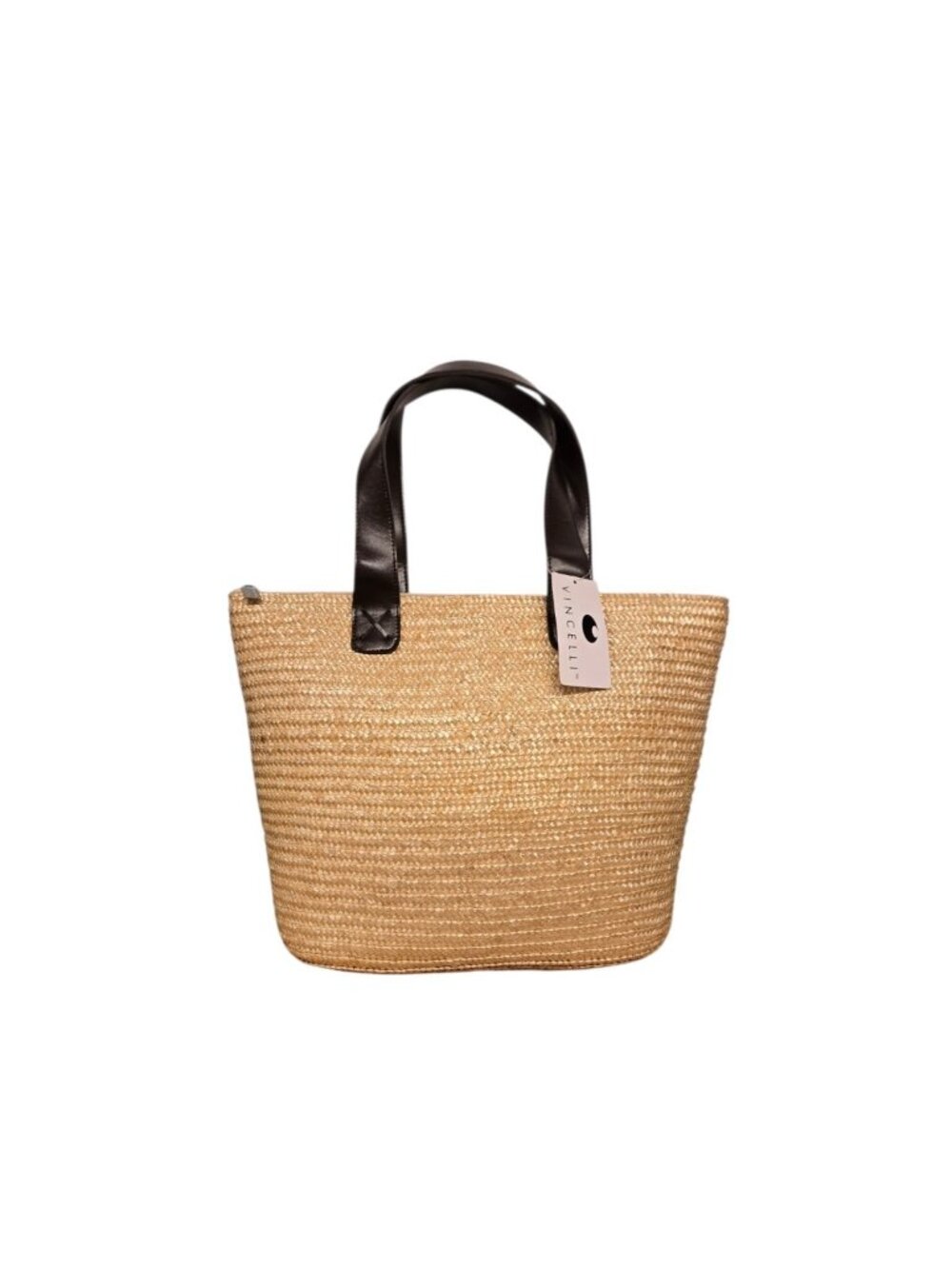 Vincelli Raffia Zip Top Straw Tote Bag Faux Leather Straps Coastal Beachy Boho